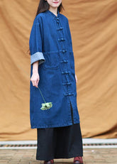 Vestido largo con bolsillos y cuello alto de túnica azul de mezclilla DIY